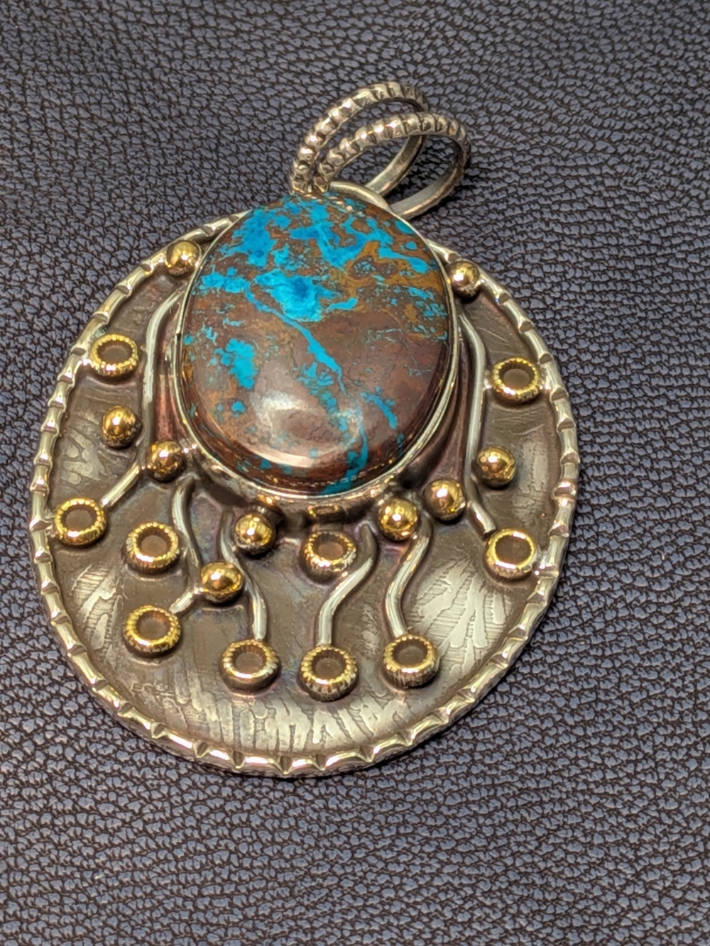 Vintage 925 Sterling Silver Mixed Metal Azurite Chrysocolla Pendant Necklace 20g - Picture 3 of 8